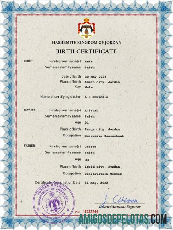 Realista modelo PSD de certidão de nascimento de registro vital da Jordânia